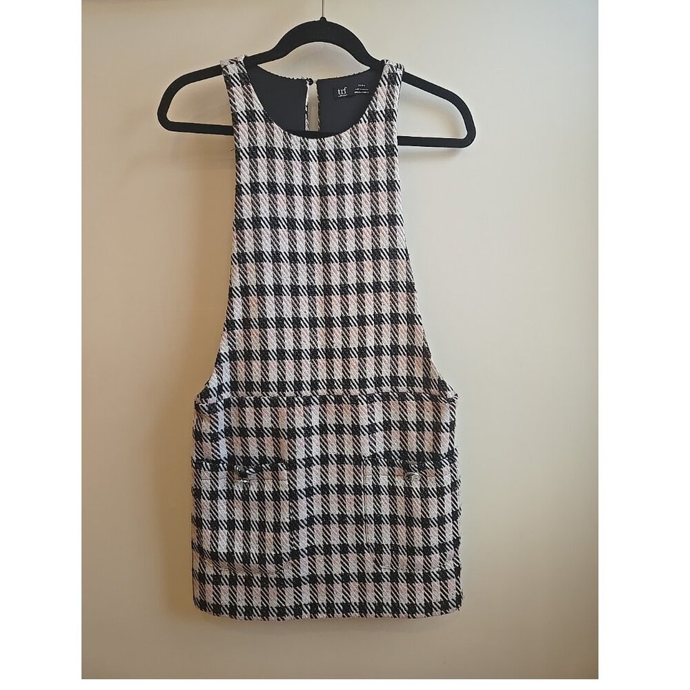 ZARA TRF WOMEN MULTICOLOR TWEED PLAID PINAFORE POCKET OVERALL MINI DRESS SIZE S